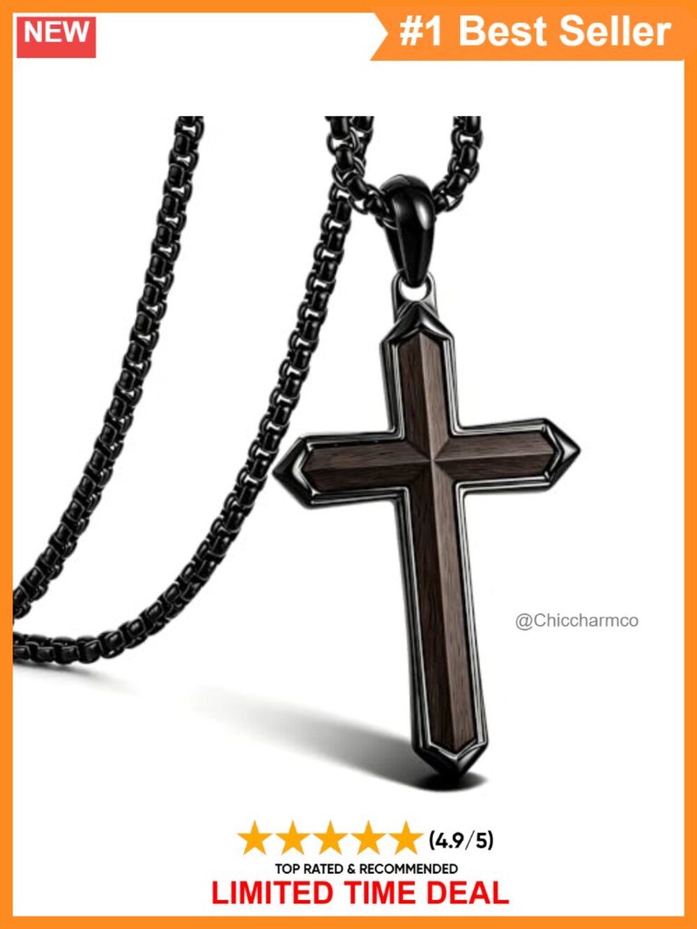 Wooden Cross Necklace Men Stainless Steel Ebony Waterproof Adjustable